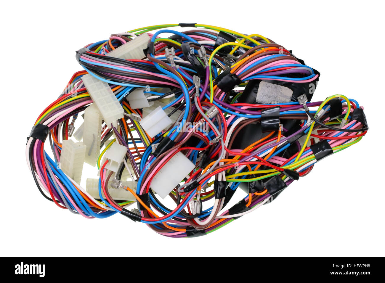 Chaos of colored power wires cables and sockets from industrial devices. Isolated on white Stock Photo