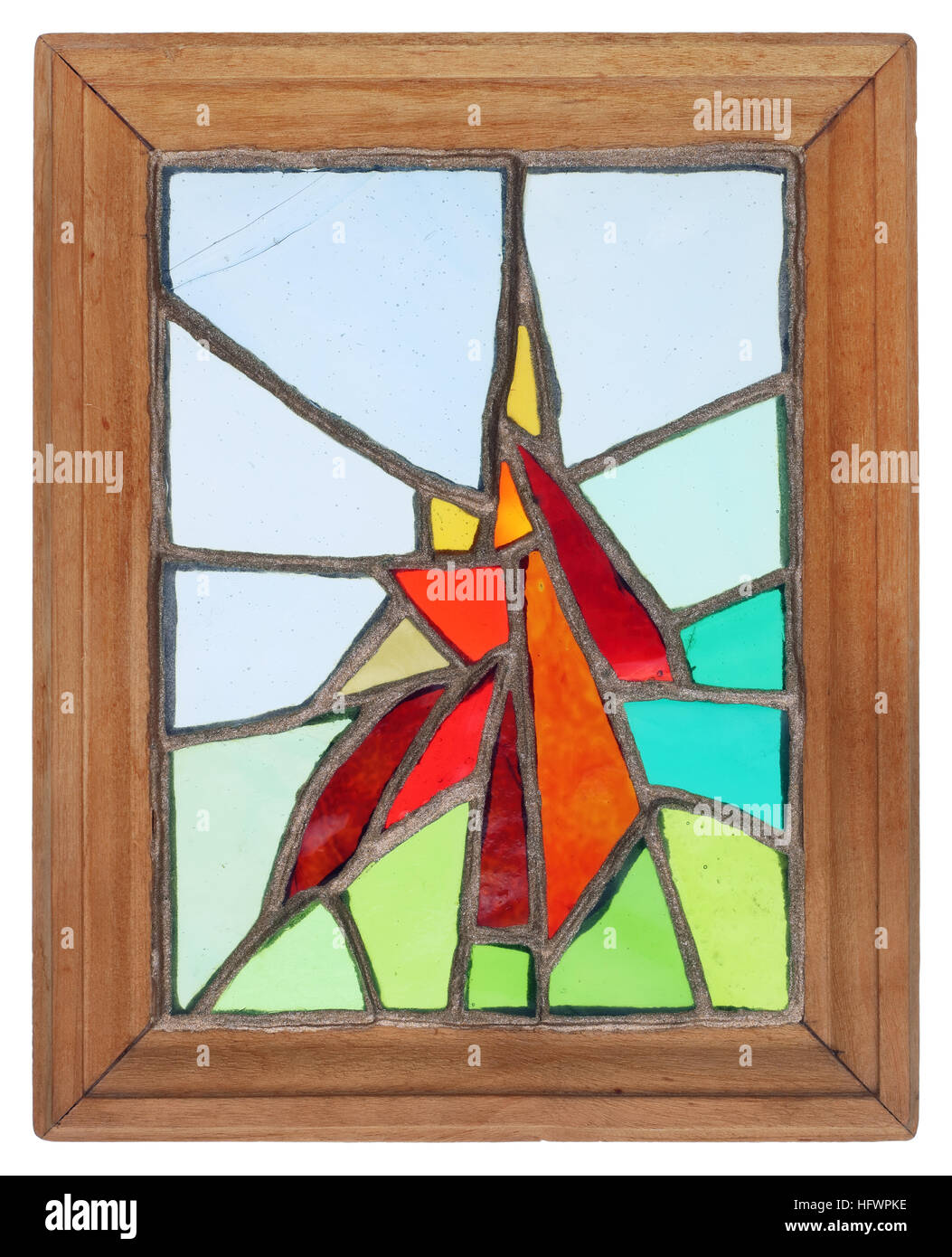 Simple abstract handmade stained-glass window in a wooden frame. Pieces of  color glass are fastened by glue. Isolated Stock Photo - Alamy