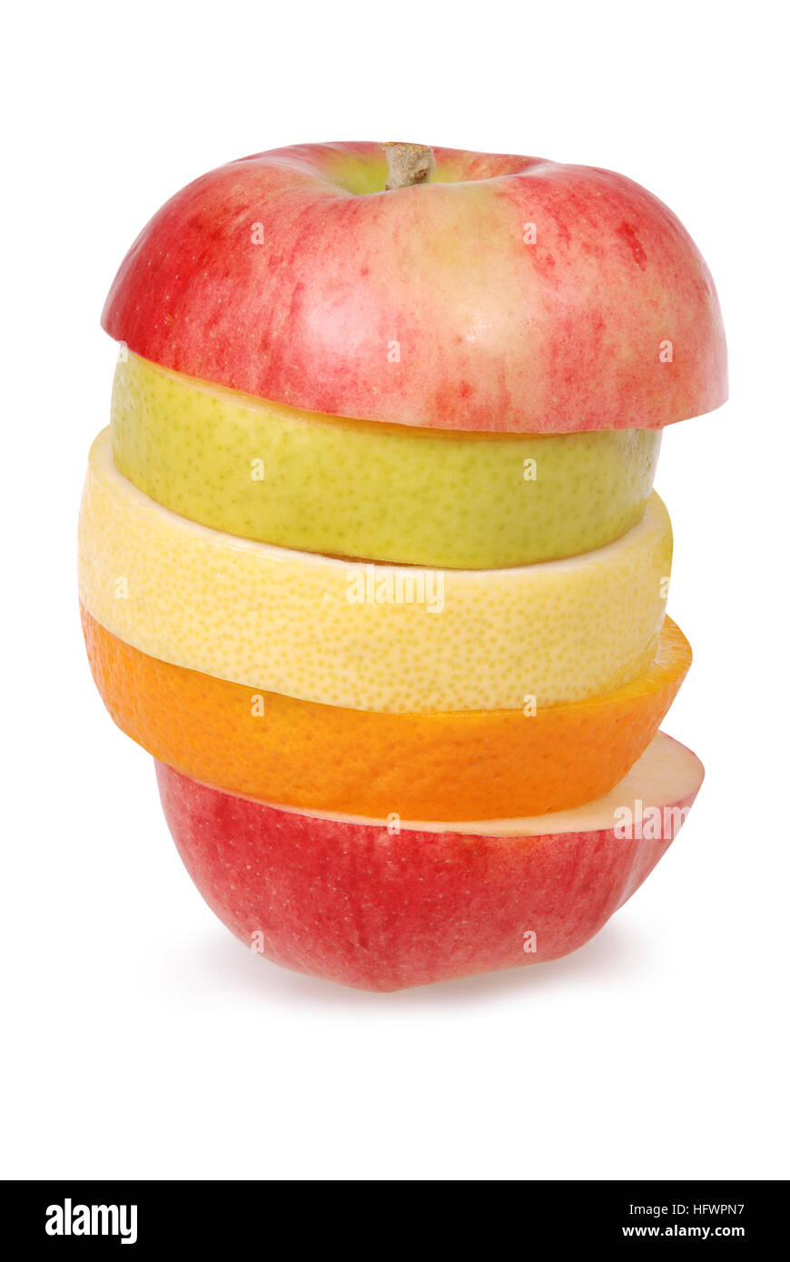 Cheerful mixed fruits including orange, pear, apple and lemon isolated ...