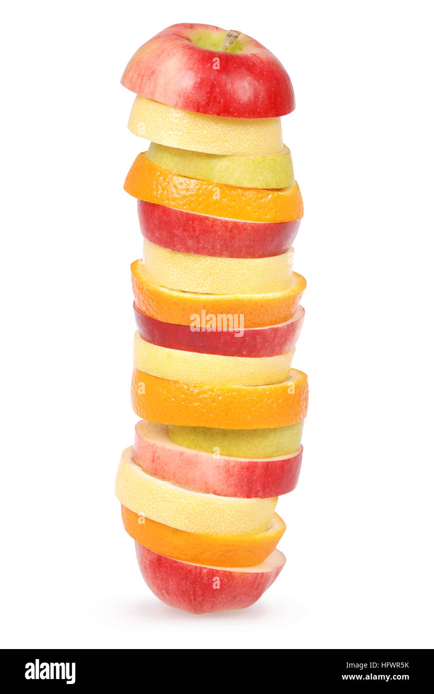 Cheerful mixed fruits including orange, pear, apple and lemon isolated ...