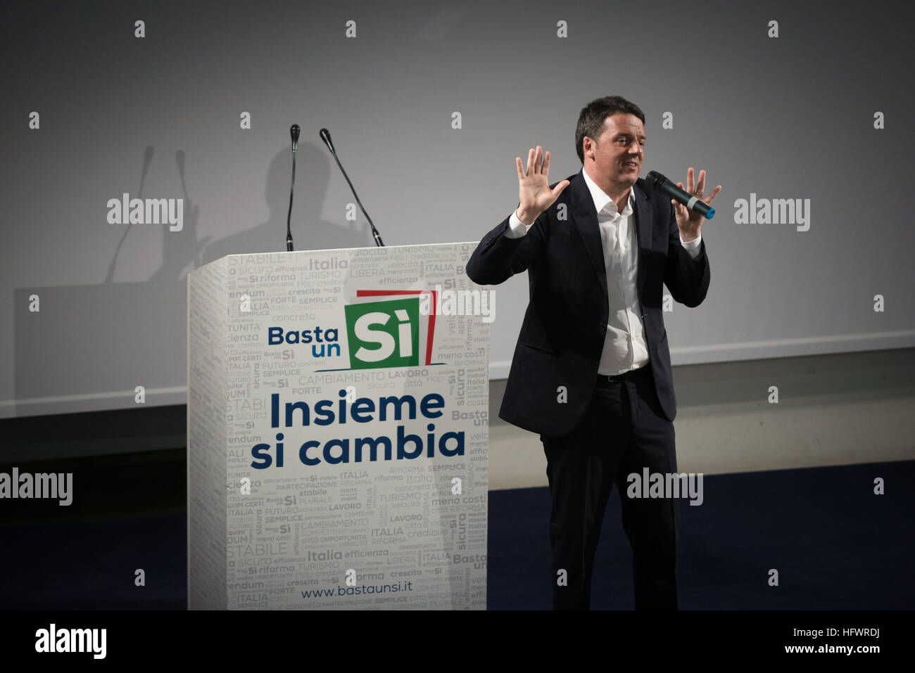 Italian Prime Minister Matteo Renzi attending a Pro Yes conference in Naples, Italy, for the Constitutional Referendum scheduled on 4th December 2016. Outside some demonstrators contested the Prime Minister with chants and banners.  Featuring: Matteo Renzi Where: Naples, Campania, Italy When: 19 Nov 2016 Credit: IPA/WENN.com  **Only available for publication in UK, USA, Germany, Austria, Switzerland** Stock Photo
