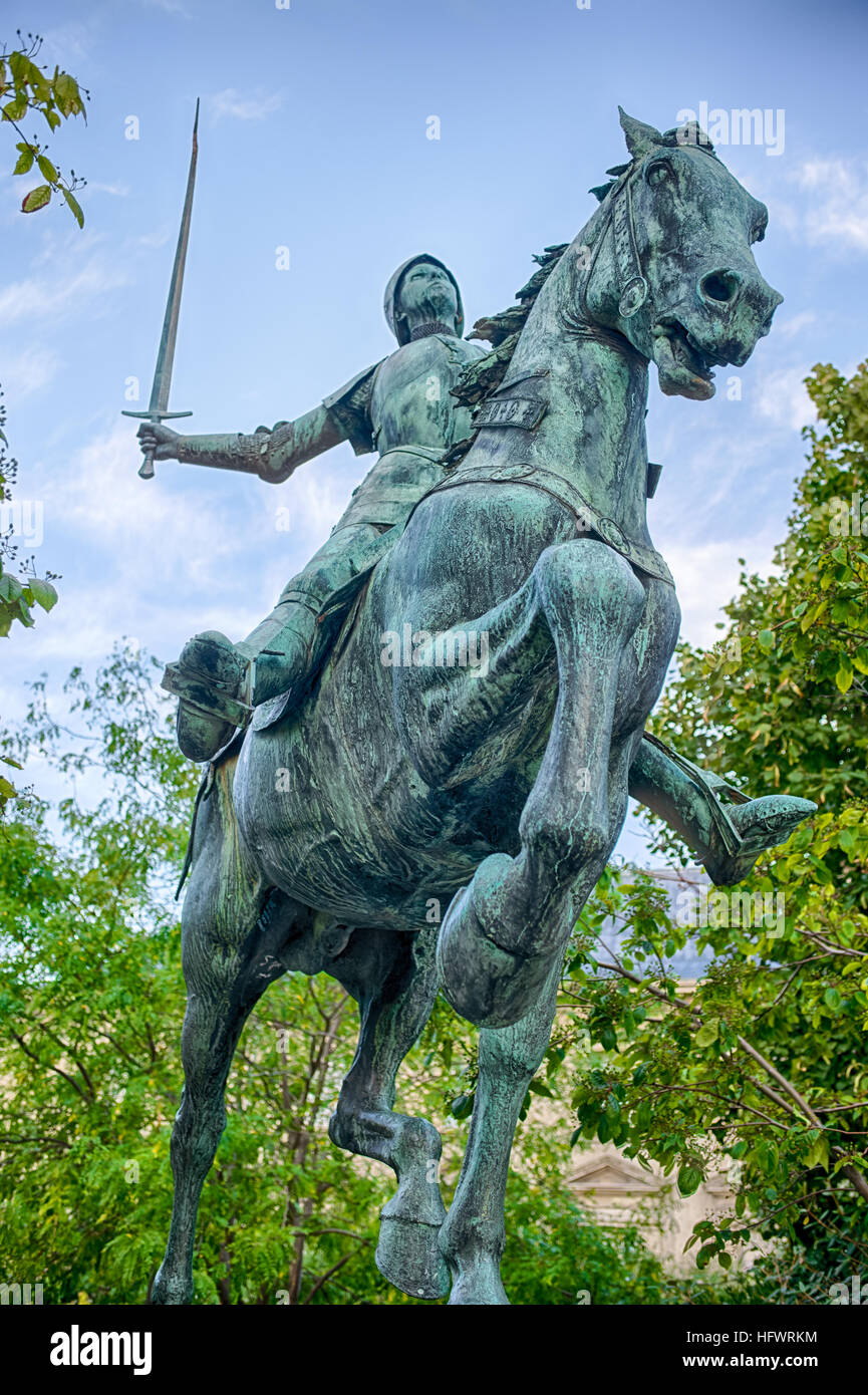 Statue of Jeanne d'Arc on horseback with sword in Reims, France Stock Photo