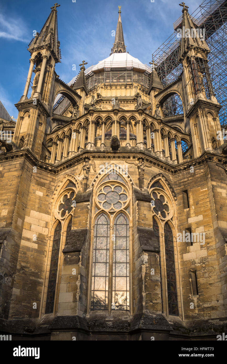 Bottom view on the back part of Reims cathedral under reconstruction, France Stock Photo