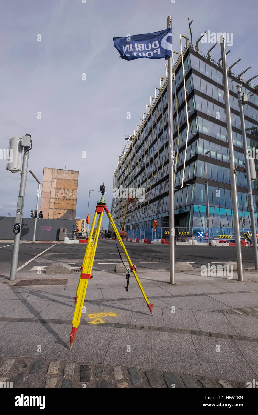 Surveyors tripod and measuring equipment on the North Wall Quay
