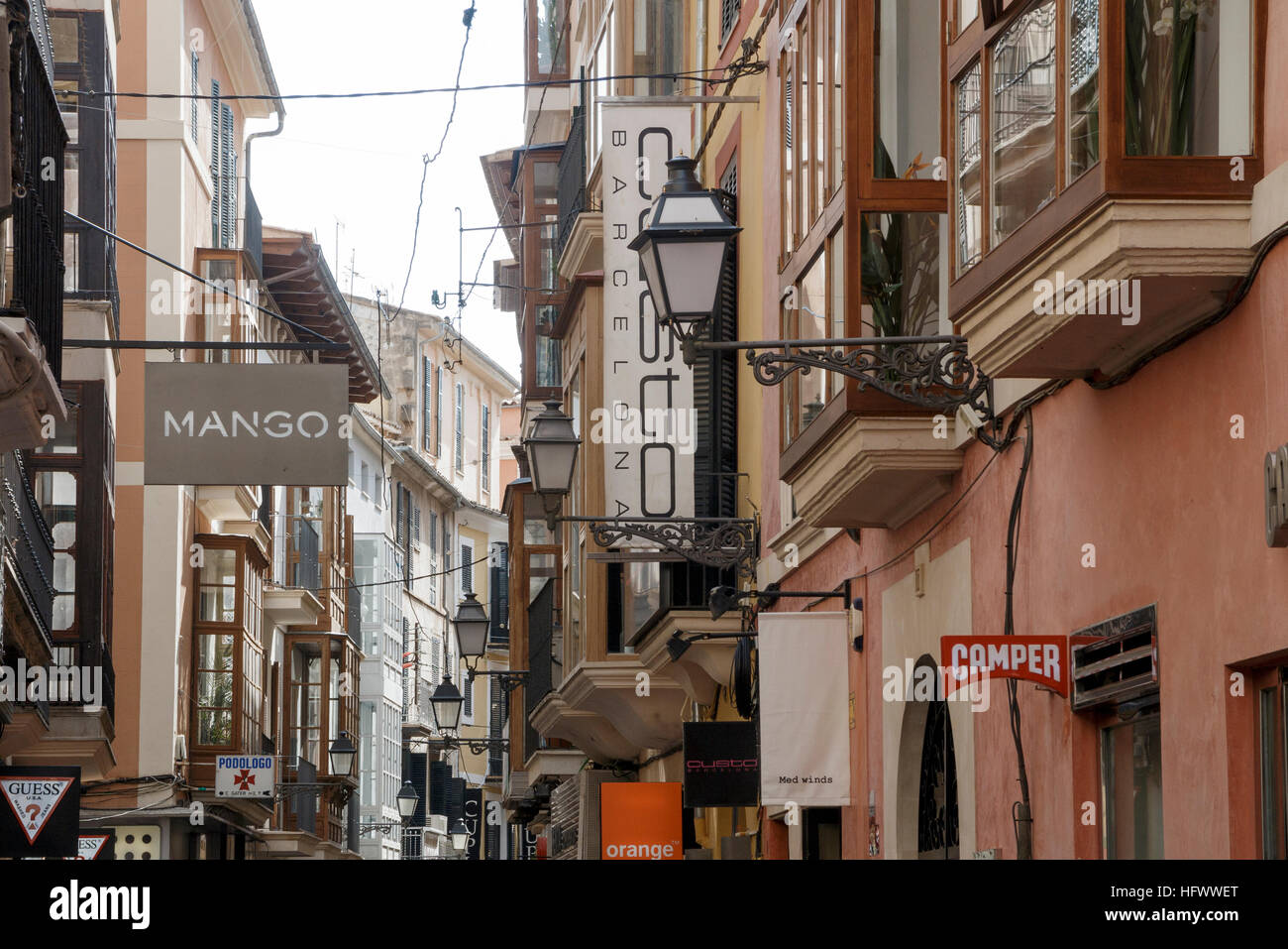 Palma, mallorca, Spain. Busy shopping street with shop signs and