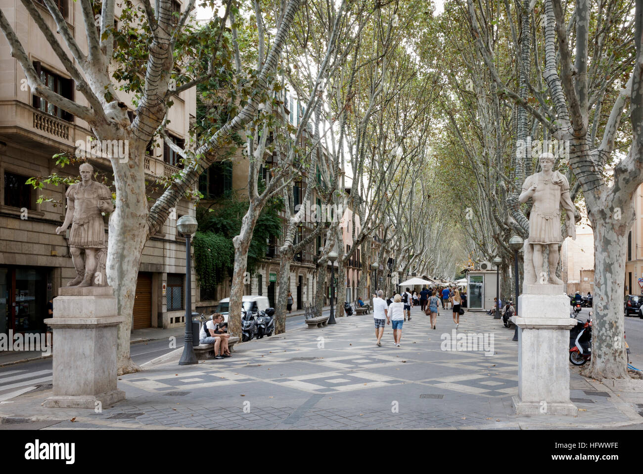 Palma, mallorca, Spain. La Rambla street view with statues of Roman  warriors Stock Photo - Alamy
