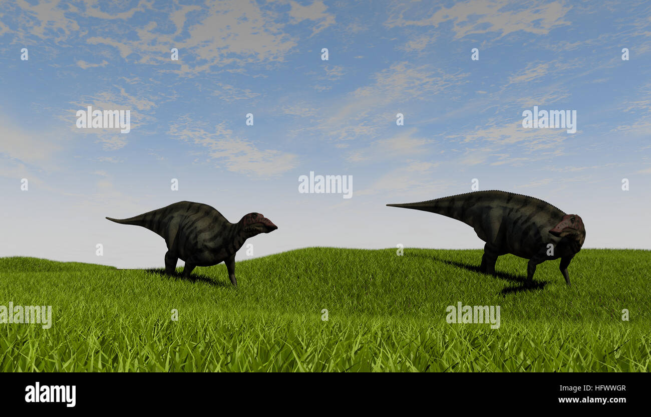 3d illustration of the walking and grazing group of shuangmiaosauruses Stock Photo