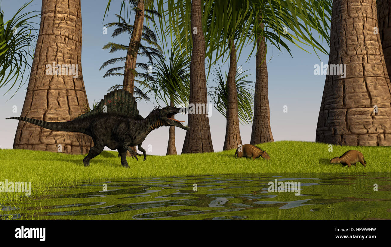 3d illustration of the hunting spinosaurus Stock Photo