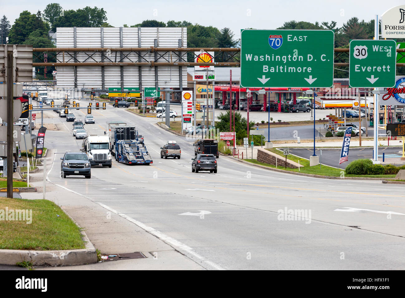 Breezewood, Pennsylvania. Traffic Heading to the Pennsylvania Turnpike