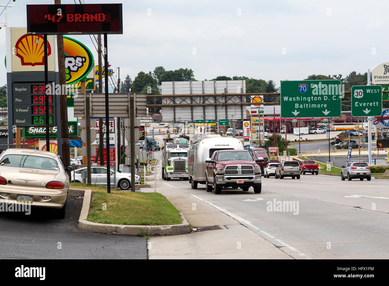 Breezewood, Pennsylvania. Traffic Heading to the Pennsylvania Turnpike