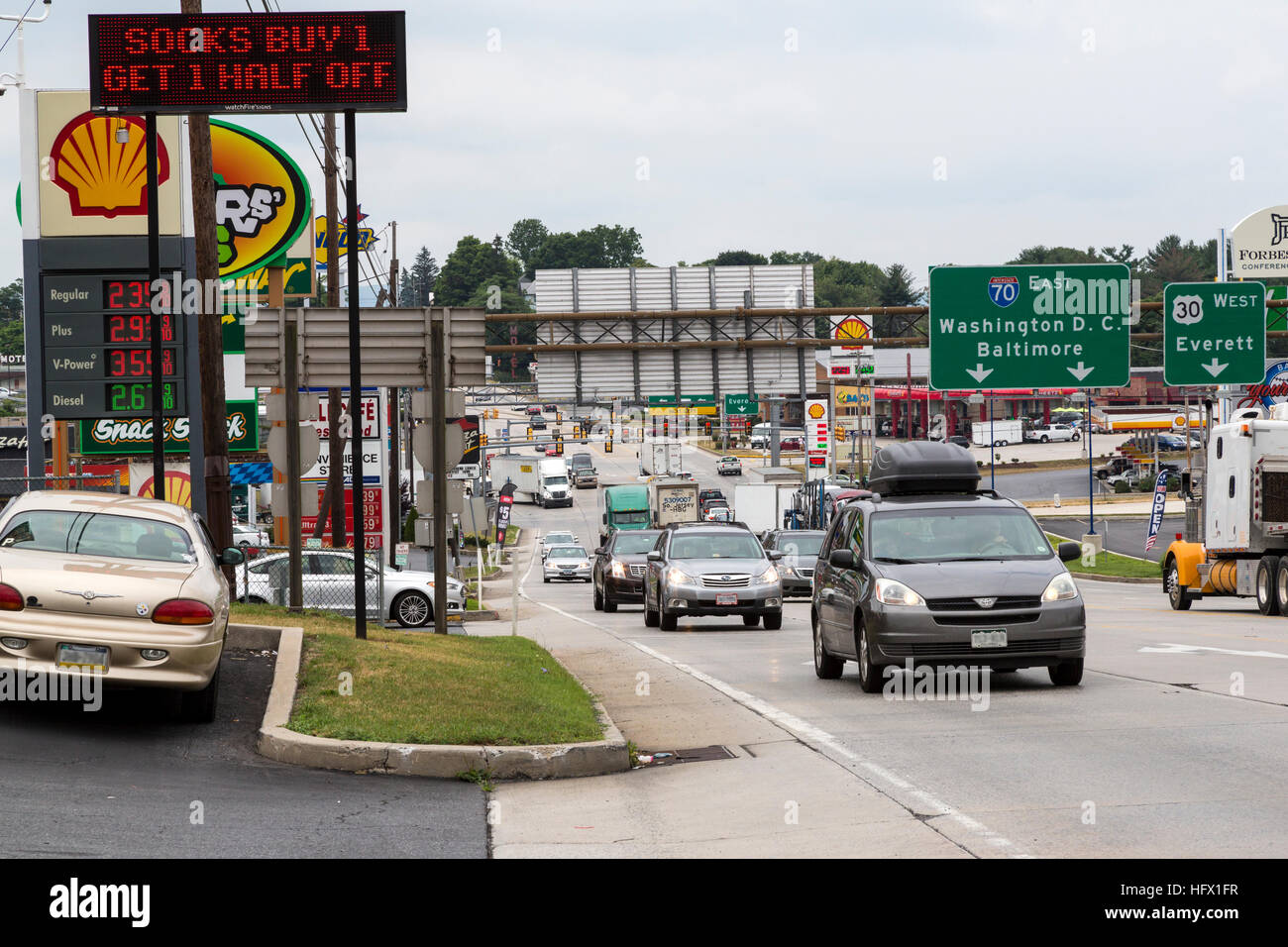 Breezewood, Pennsylvania. Traffic Heading to the Pennsylvania Turnpike