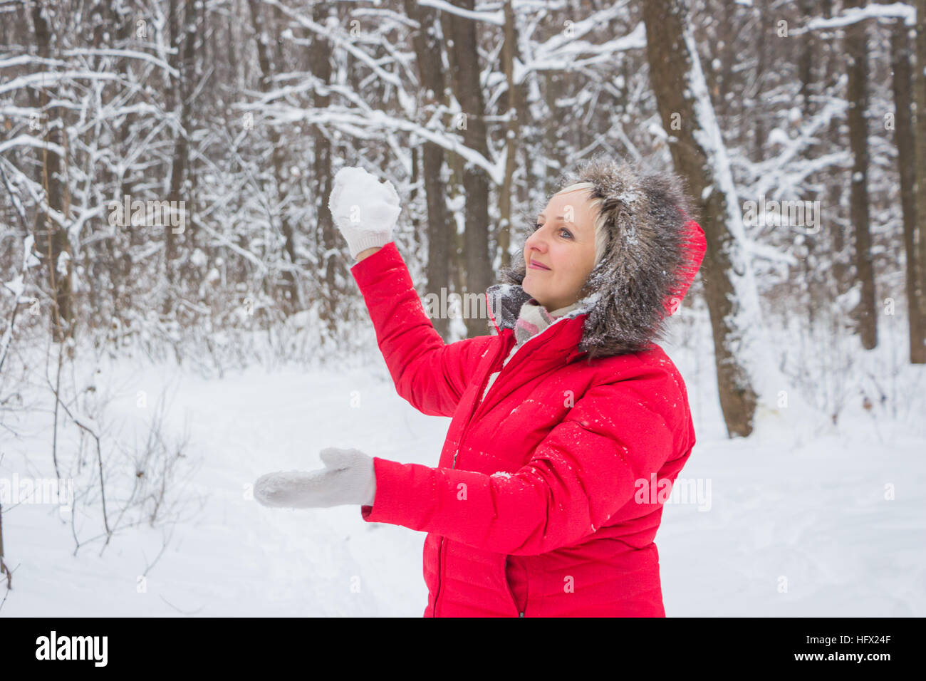Portrait of a senior old woman in the winter Stock Photo