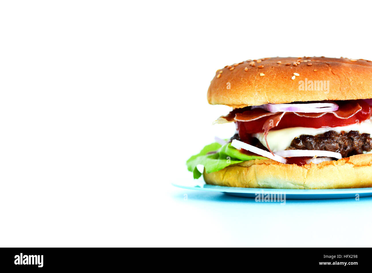 Fresh delicious beef burger close-up on white background Stock Photo
