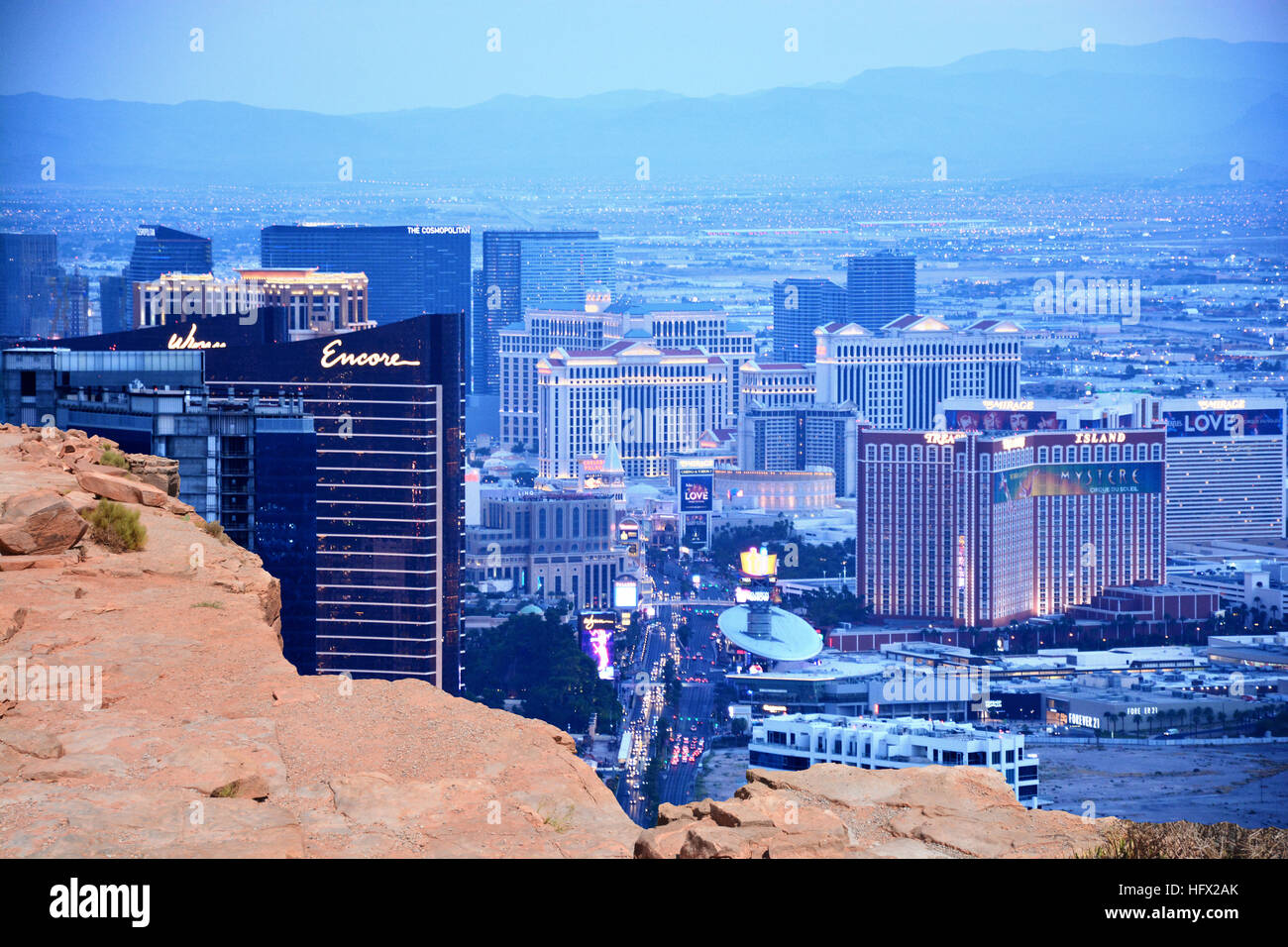 The Strip, Las Vegas, aerial view from a rock cliff – abstract Stock Photo