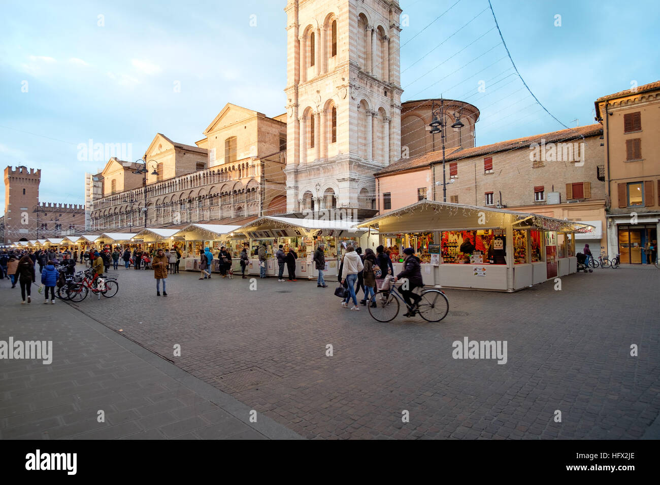 Ferrara, Italy - December 29 2016: Piazza Trento Trieste in Ferrara, Italy. Christmas markets that takes place in the square in the historic center of Stock Photo