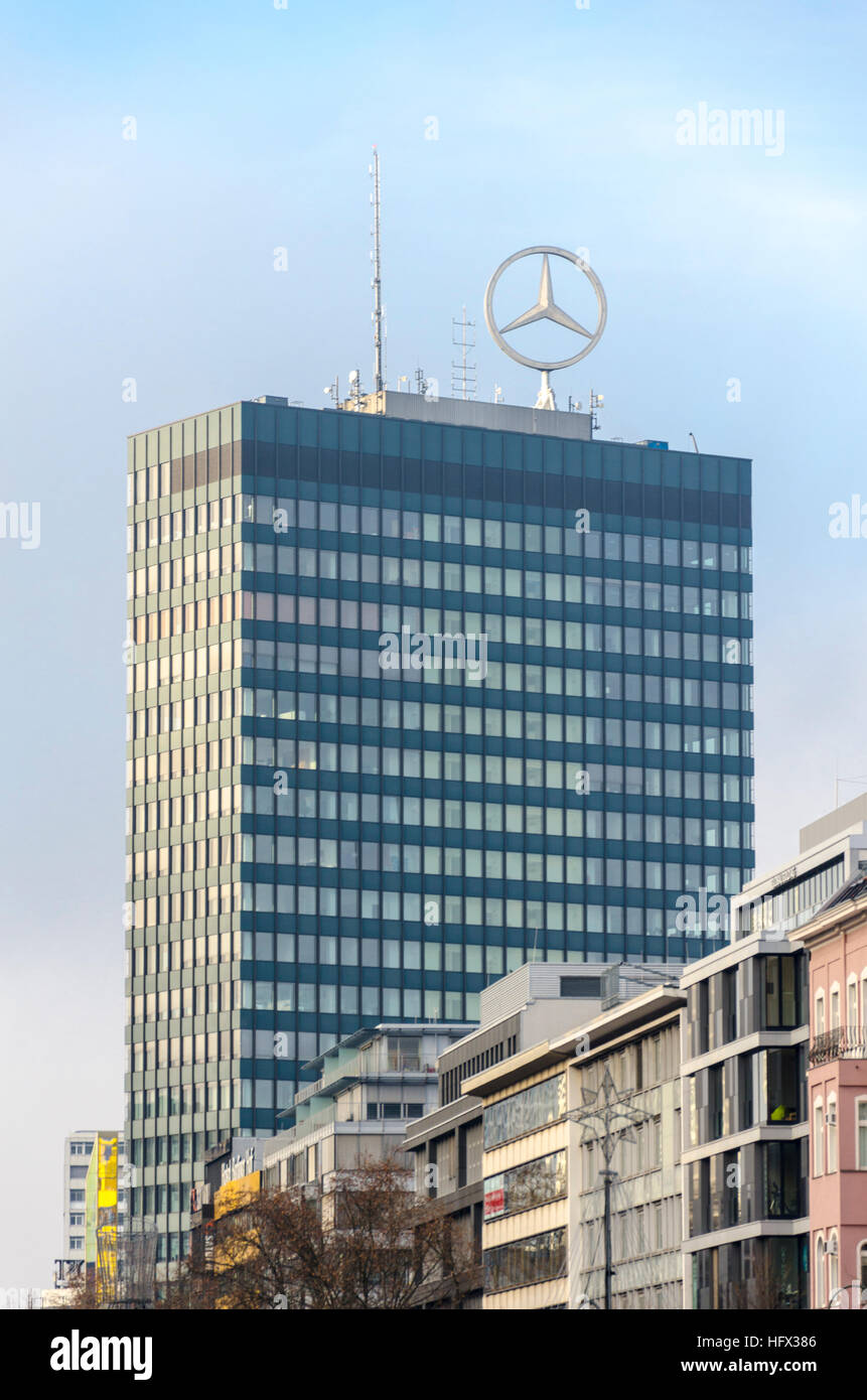 Mercedes-Benz logo on top of the high-rise tower at the Stock ...