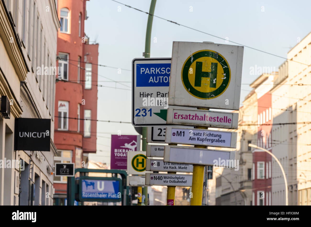 Road signs on Rosenthaler Strasse, Berlin, Germany Stock Photo