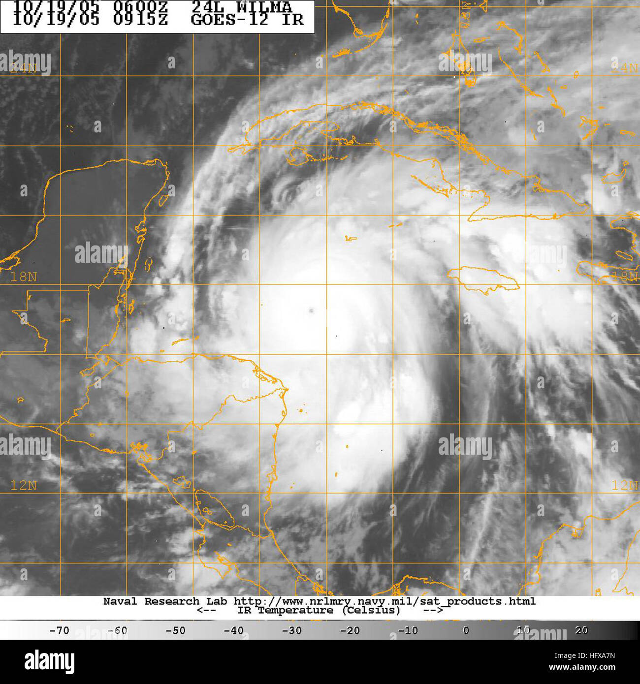 051019-N-1234W-001 Carribean Sea (Oct. 19, 2005) - Satellite image provided by the U.S. Naval Research Laboratory, Monterey, Calif., showing the status of Hurricane Wilma at approximately 4:15 am EST. An Air force reconnaissance plane reported a barometric pressure reading of 884 mb. This is the lowest minimum pressure ever measured in a hurricane in the Atlantic Basin. A hurricane watch remains in effect in Cuba. All interests in the Florida Keys and the Florida Peninsula should closely monitor the progress of extremely dangerous Hurricane Wilma. At 5 AM EDT 0900z the center of Wilma was loca Stock Photo