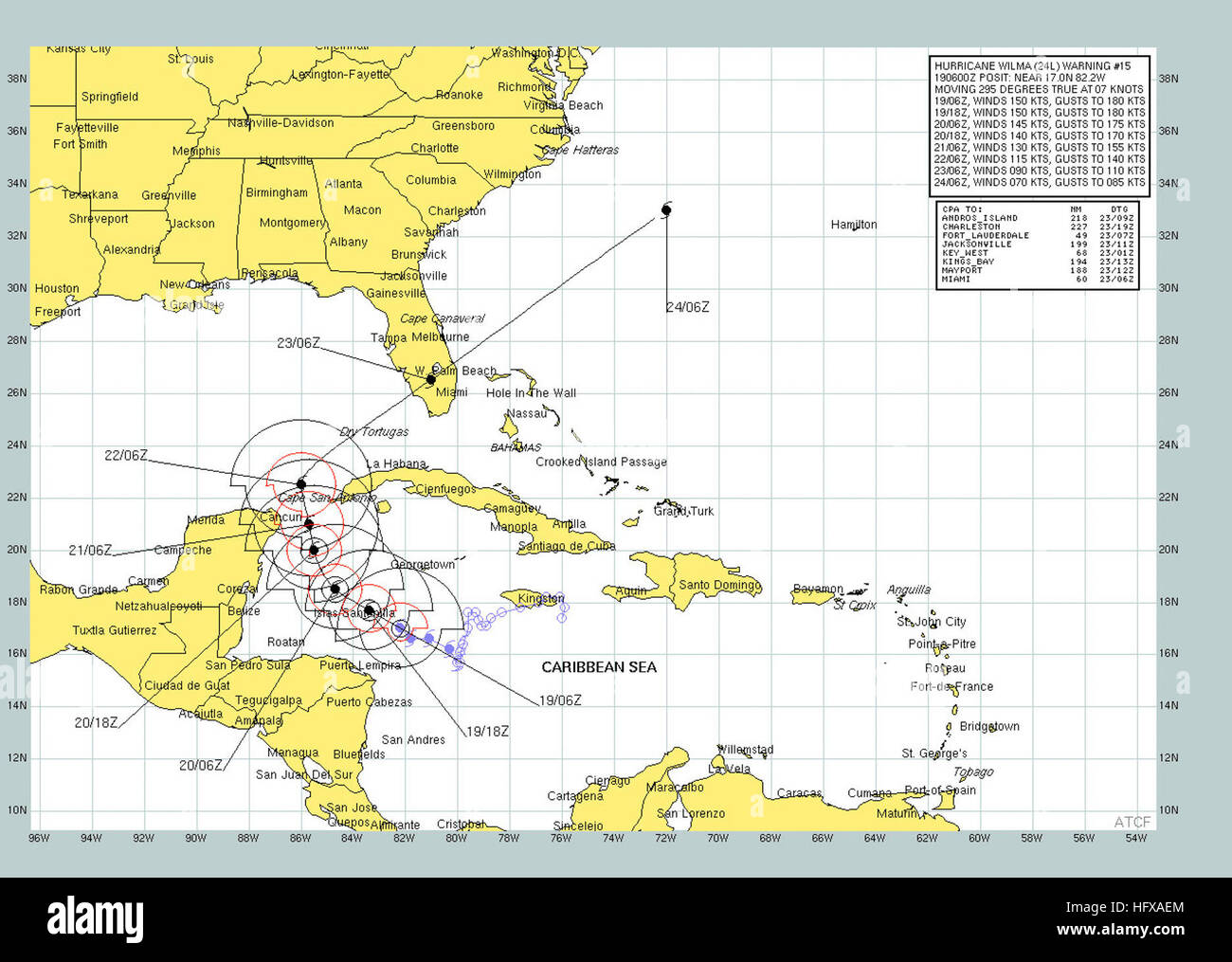 051019-N-1234W-002 Carribean Sea (Oct. 19, 2005) - Graphic produced by the U.S. Navy, Atlantic Meteorology & Oceanography Center, Norfolk, Va., showing the anticipated track of Hurricane Wilma. An Air force reconnaissance plane reported a barometric pressure reading of 884 mb. This is the lowest minimum pressure ever measured in a hurricane in the Atlantic Basin. A hurricane watch remains in effect in Cuba. All interests in the Florida Keys and the Florida Peninsula should closely monitor the progress of extremely dangerous Hurricane Wilma. At 5 AM EDT 0900z the center of Wilma was located nea Stock Photo