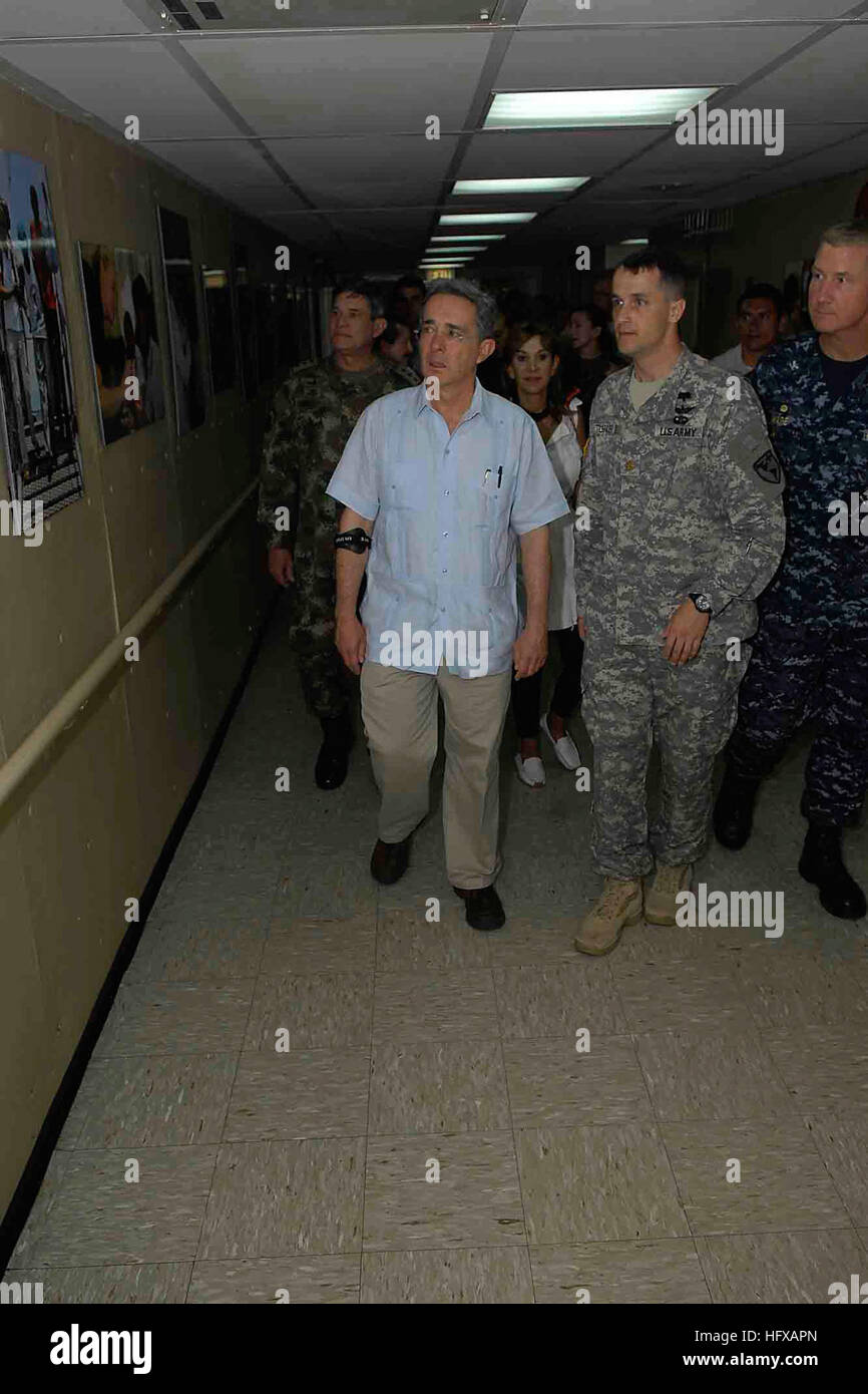 090613-F-7923S-083 TUMACO, Colombia (June 13, 2009) Colombian President Alvaro Uribe Velez tours the Military Sealift Command hospital ship USNS Comfort (T-AH 20). Comfort is deployed on the four-month Continuing Promise 2009 humanitarian and civic assistance mission to Latin America and the Caribbean region. Continuing Promise combines U.S. military and interagency personnel, non-governmental organizations, civil service mariners, academic and partner nations to provide medical, dental, veterinary and engineering services afloat and ashore alongside host nation personnel. (DoD photo by Airman Stock Photo