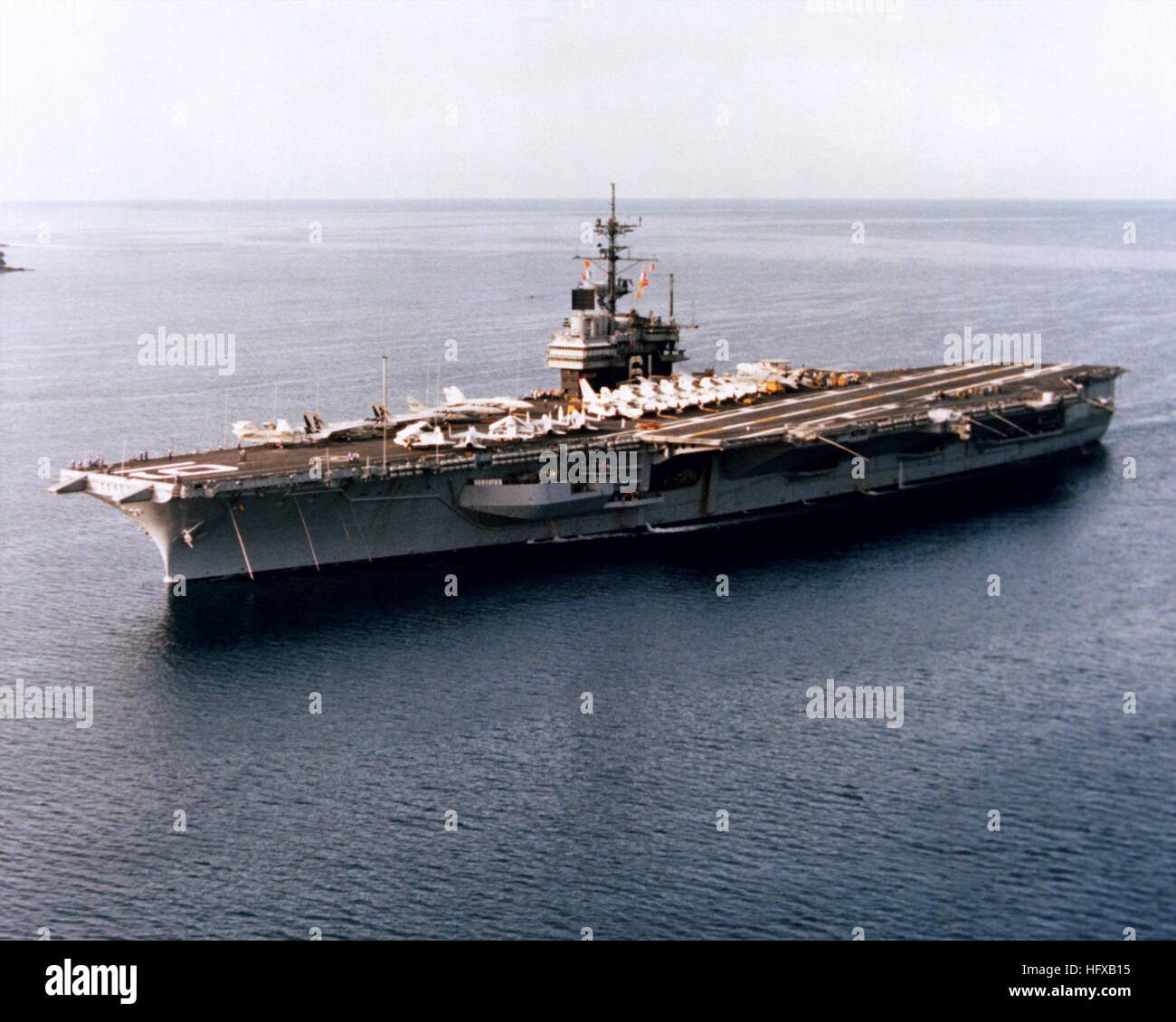 An aerial port bow view of the aircraft carrier USS RANGER (CV-61 ...