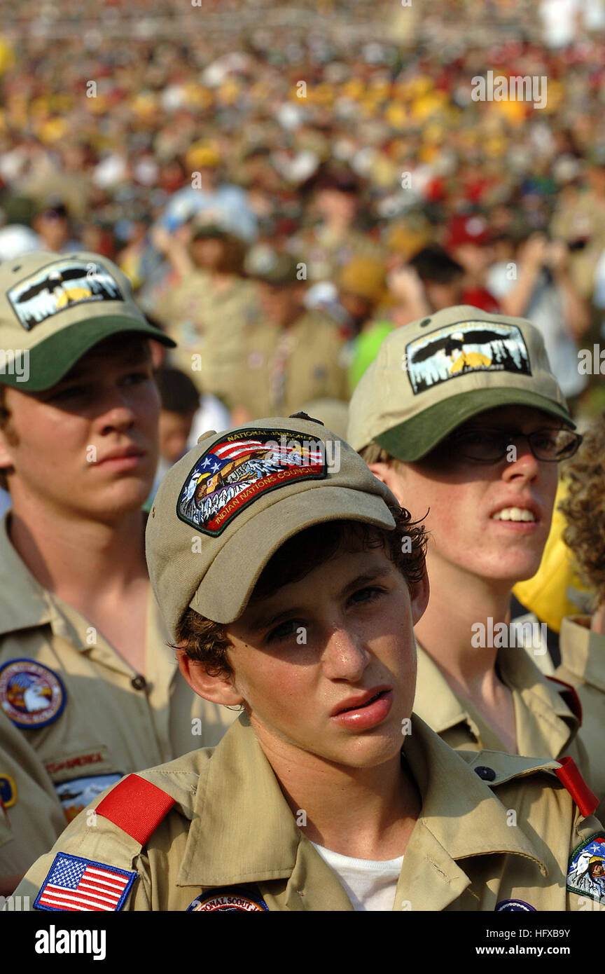 050726-N-9769P-008 Fort A.P. Hill, Va. (July 26, 2005) Ð Boy Scouts stand in the heat along with 40,000 other Scouts hoping to hear the President of the United Stated speak at their opening ceremony as part of the National Scout Jamboree held at Fort A.P. Hill, Va. Held every four years, thousands of Boy Scouts assemble from across the United States and the World for nine days to take part in the National Scout Jamboree to camp, earn merit badges and provide an educational program to build character, train for responsibilities and promote physical fitness. This year's jamboree is held from Jul Stock Photo