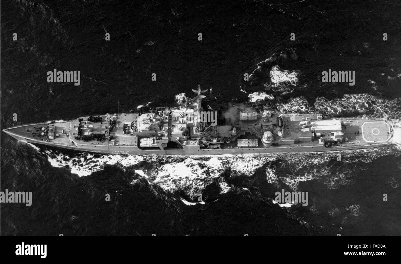 An elevated port beam view of a Soviet Kresta I class guided missile cruiser VITSEADMIRAL DRODZ