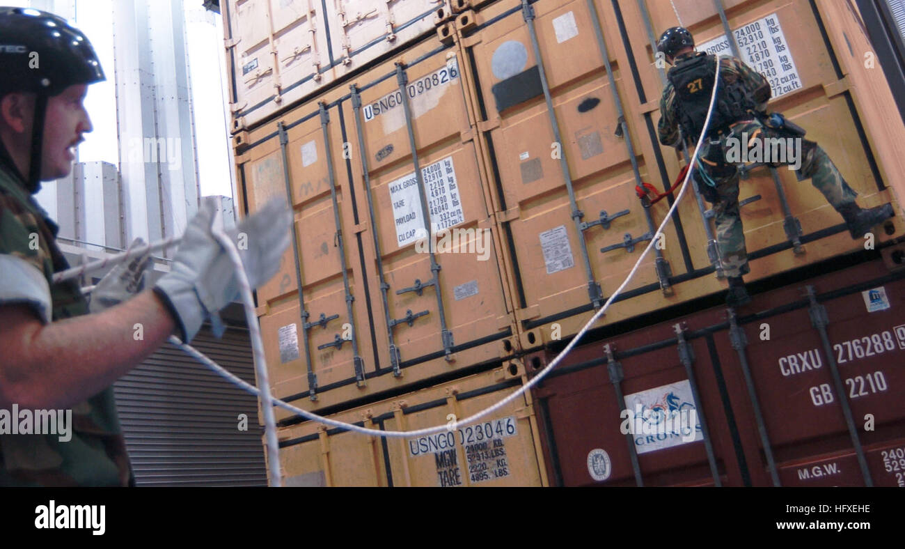 Sailors are trained in rappelling and container search maneuvers during ...