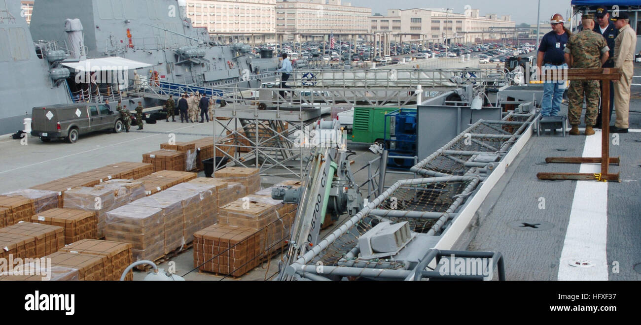 051020-N-3541A-004 Norfolk, Va. (Oct. 20th, 2005) – Personnel aboard the amphibious transport dock USS Nashville (LPD 13) discuss how to move pallets of Meals Ready-to-Eat (MRE) on board the ship. Nashville, along with the amphibious assault ship USS Wasp (LHD 1) and the amphibious transport dock USS Trenton (LPD 14), home ported at Naval Station Norfolk, Va., are scheduled to get underway Oct. 22, headed for the south Florida region. The ships are departing in the event assistance is needed following the aftermath of Hurricane Wilma expected to make landfall north of the Florida Keys. Forecas Stock Photo