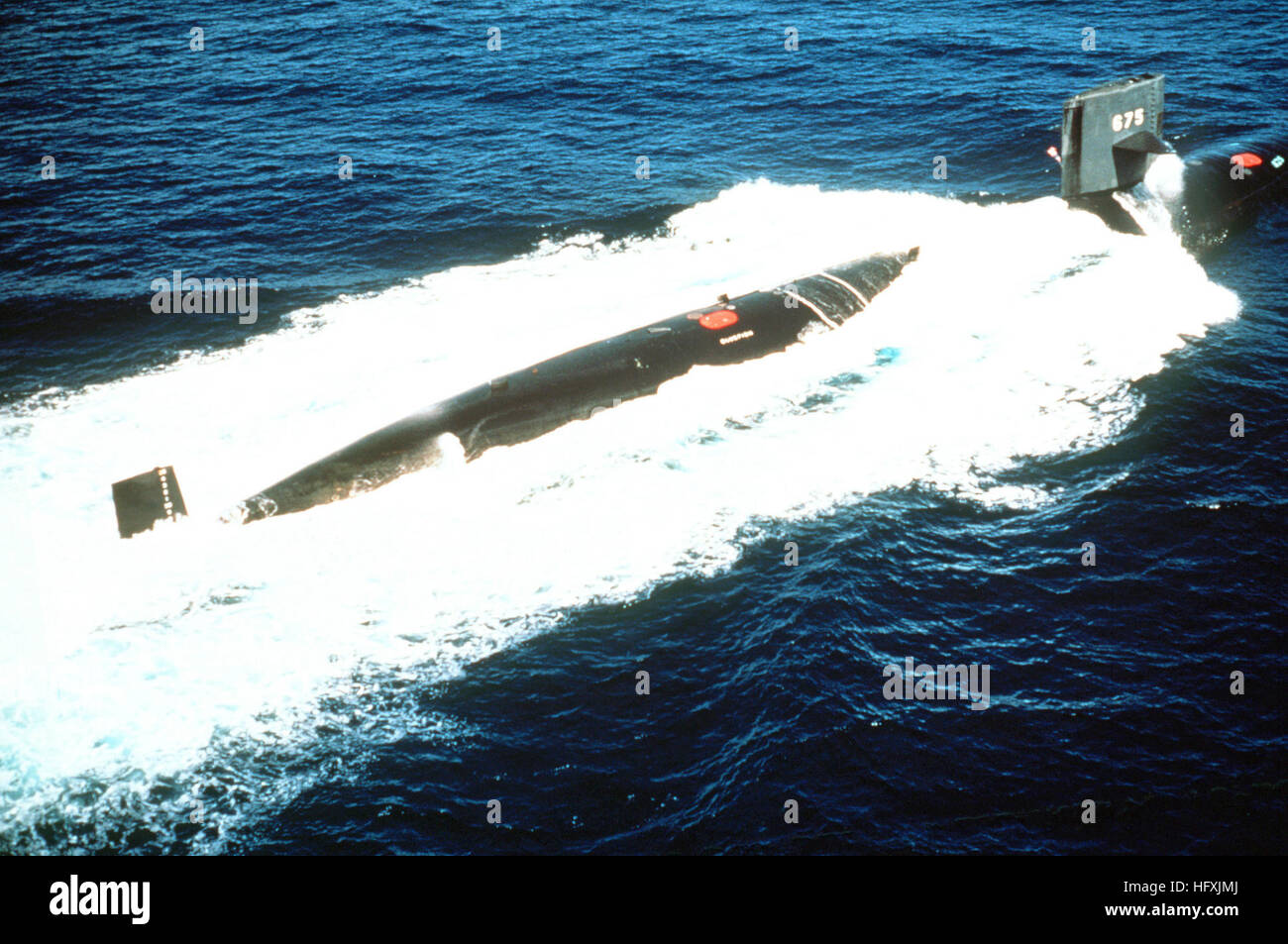 A starboard quarter view of the nuclear-powered attack submarine USS BLUEFISH (SSN-675) underway off Puerto Rico. USS Bluefish (SSN-675) Stock Photo
