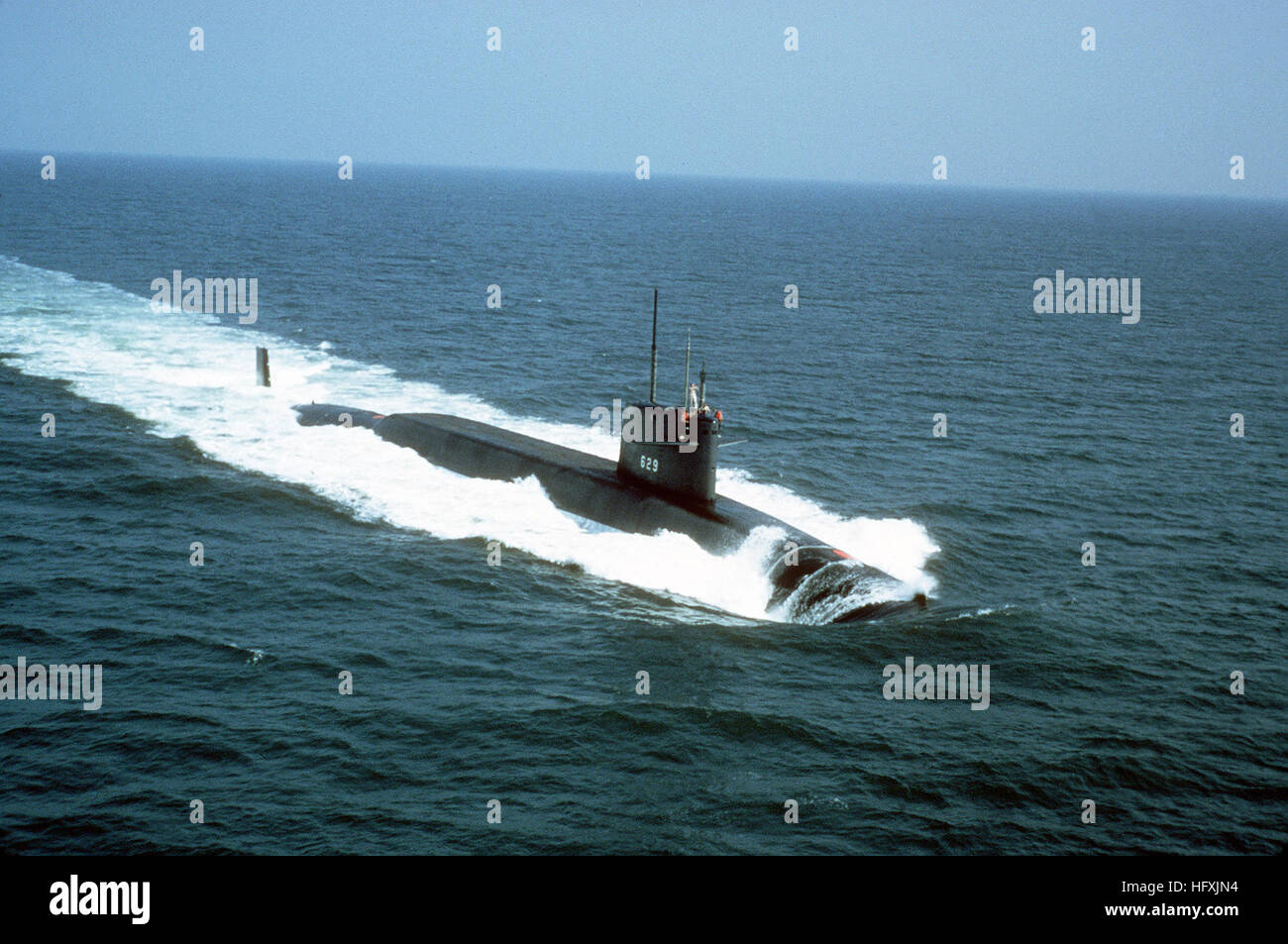 A starboard bow view of the nuclear-powered strategic missile submarine USS DANIEL BOONE (SSBN-629) underway. USS Daniel Boone SSBN-629 Stock Photo