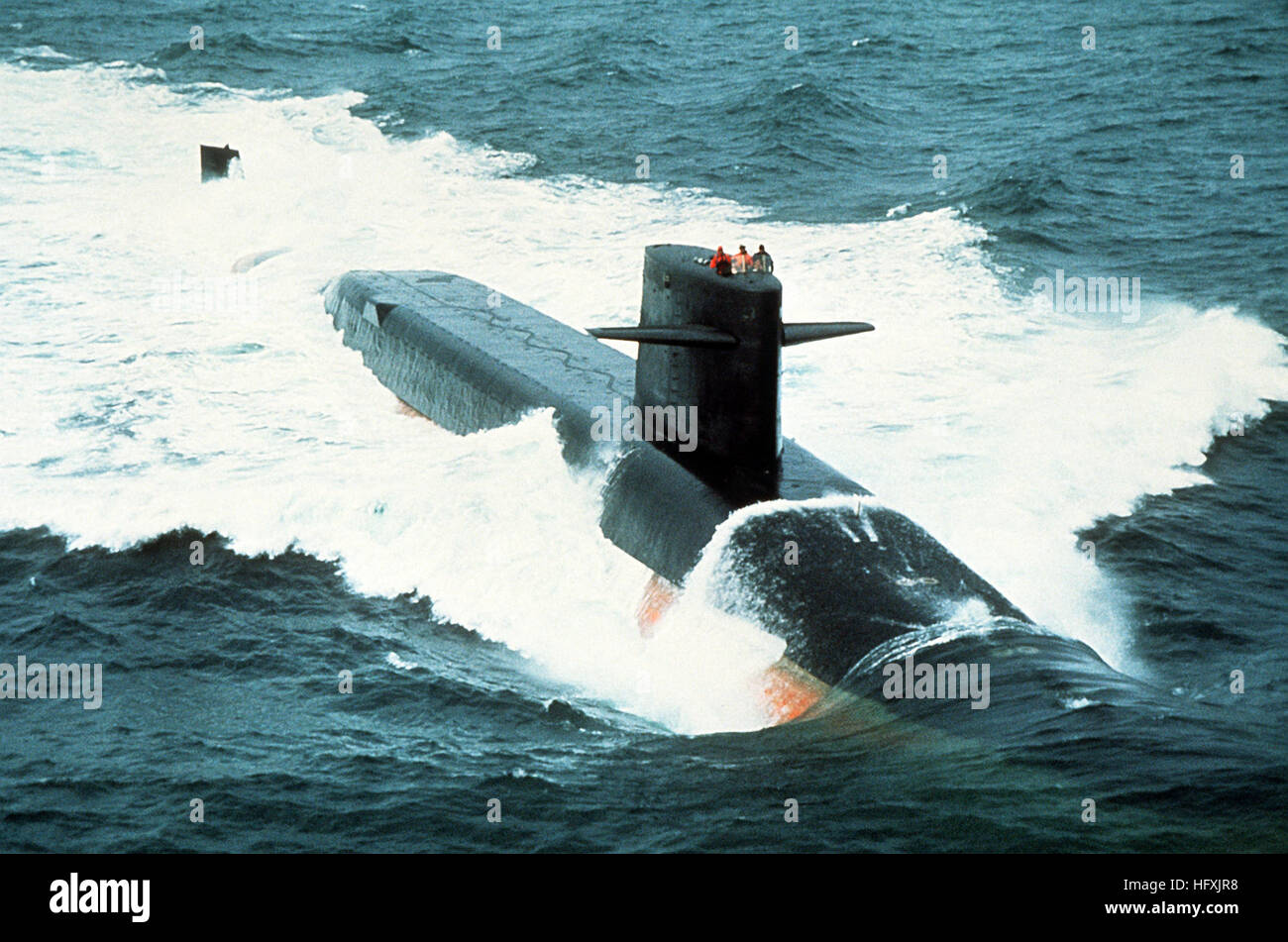 A starboard bow view of the nuclear-powered strategic missile submarine USS JAMES MONROE (SSBN-622) underway. USS James Monroe SSBN-622 Stock Photo