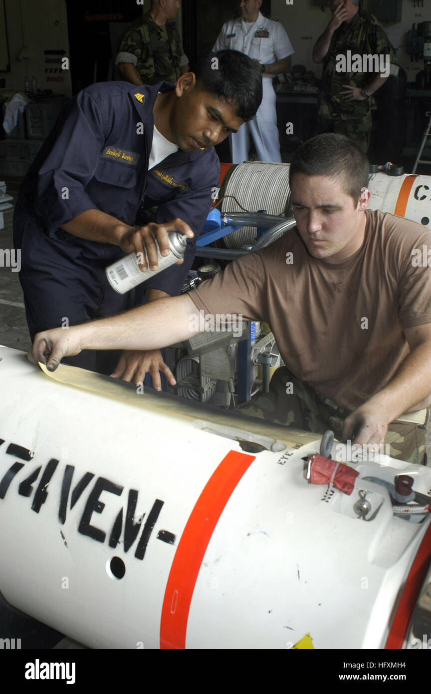 090709-N-7783B-068 THUNG PRONG, Thailand (July 9, 2009) Royal Thai Navy Petty Officer 1st Class Prasith Cunchinda and Mineman 3rd Class Devin Keeton, assigned to Mobile Mine Assembly Unit 10, label training mines in preparation for Cooperation Afloat Readiness and Training (CARAT) Thailand 2009. CARAT is a series of bilateral exercises held annually in Southeast Asia to strengthen relationships and enhance the operational readiness of the participating forces. (U.S. Navy photo by Mass Communication Specialist 1st Class Thomas Brennan/Released) US Navy 090709-N-7783B-068 Royal Thai Navy Petty O Stock Photo