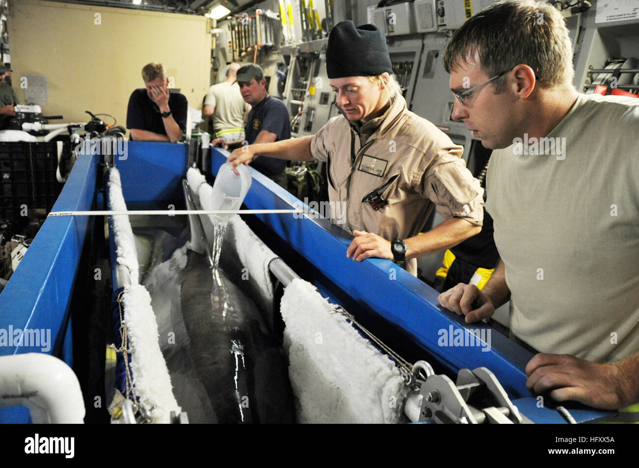 091108-F-3798Y-054 HICKAM AFB, Hawaii (Nov. 8, 2009) Staff Sgt. Ray Nealon watches as Petty Officer 2nd Class Elizabeth Jache pours water on her dolphin to keep him cool in an Air Force C-17 Globemaster. Four dolphins from the Navy Marine Mammal Program based in San Diego, Calif. are being transported to Noumea, New Caledonia where they will participate in Lagoon Minex 2009, a humanitarian project where U.S,. French, Australian and New Zealand demolition crews will remove mines left over from World War II. (U.S. Air Force photo by Tech. Sgt. Cohen A. Young/Released) US Navy 091108-F-3798Y-054  Stock Photo