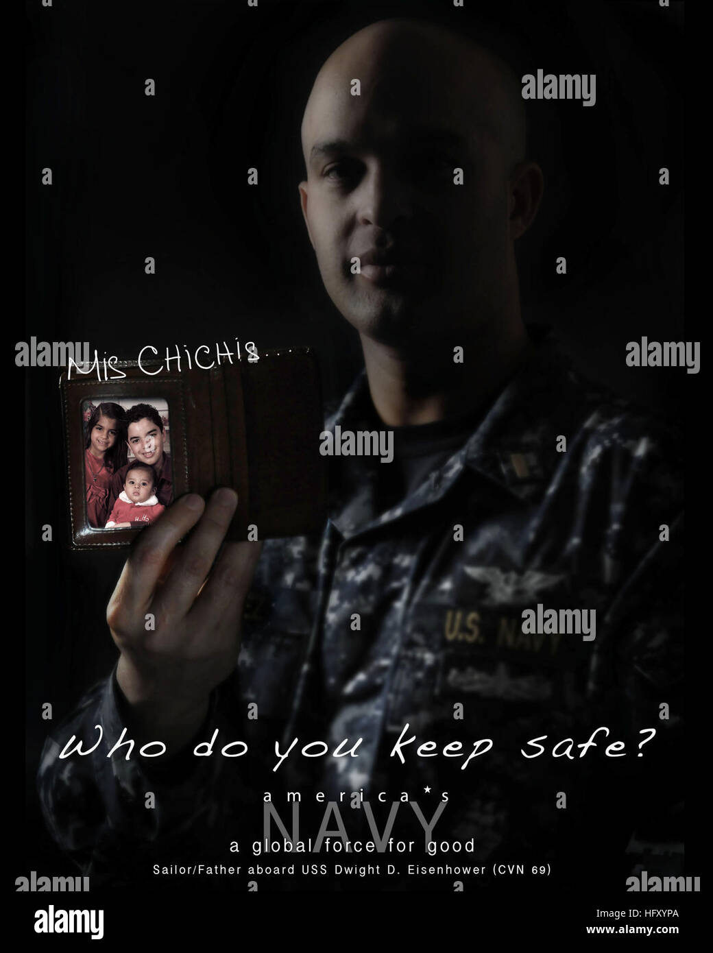 Layout and design developed to display the love and courage of a Father, keeping his children safe by serving in the U.S. Navy aboard the Nimitz class nuclear aircraft carrier USS Dwight D. Eisenhower (CVN 69). The poster was designed to use as a display aboard Eisenhower during the ships 2010 Arabian Gulf deployment. U.S. Navy photo by Mass Communication Specialist 3rd Class (SW) Matthew Bookwalter, U.S. Navy layout and design by, Mass Communication Specialist 2nd Class (SW/AW) Gina K. Wollman (released). USS Dwight D. Eisenhower poster 100125-N-WE887-001 Stock Photo