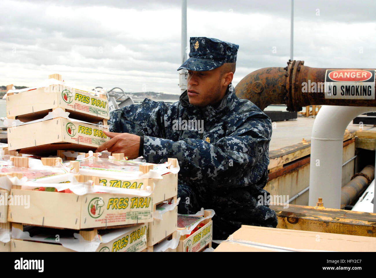 100218-N-3358S-078 ROTA, Spain (Feb. 18, 2010) Chief Hospital Corpsman Jolando Lightner inspects fruit before the crew moves pallets of frozen food, fresh produce and other supplies aboard the amphibious transport dock ship USS Mesa Verde (LPD 19). This is the first port call for Mesa Verde during her maiden deployment to the U.S. 5th Fleet area of responsibility. (U.S. Navy photo by Mass Communication Specialist 1st Class Steve Smith/Released) US Navy 100218-N-3358S-078 Chief Hospital Corpsman Jolando Lightner inspects fruit before the crew moves pallets of frozen food, fresh produce and othe Stock Photo