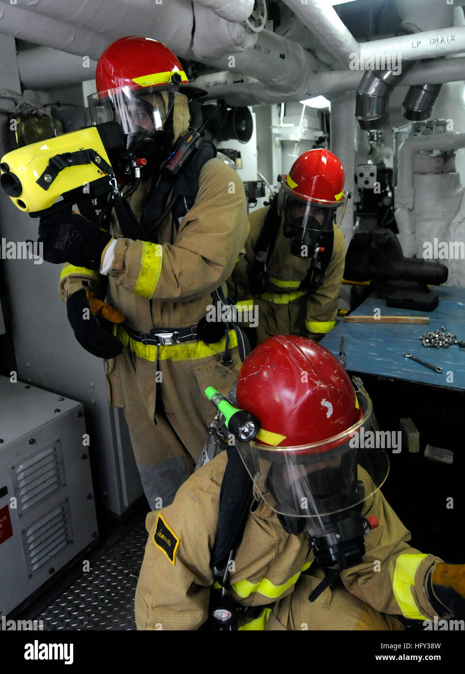 USS Blue Ridge conducts a main space fire drill using Naval ...