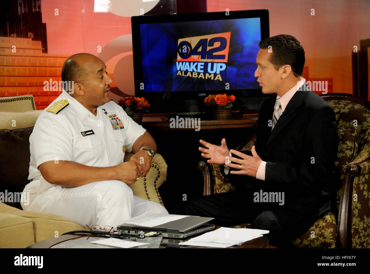100505-N-5208T-001 BIRMINGHAM, Ala. (May 5, 2010) Vice Adm. Adam M. Robinson Jr., Surgeon General of the Navy and Chief of the Navy Bureau of Medicine and Surgery, delivers remarks about Birmingham Navy Week on the Wake Up Alabama TV morning show. This event is one of many events held in conjunction with Birmingham Navy Week. Birmingham Navy Week is one of 20 Navy Weeks planned across America in 2010. Navy Weeks are designed to show Americans the investment they have made in their Navy and increase awareness in cities that do not have a significant Navy presence. (U.S. Navy photo by Mass Commu Stock Photo