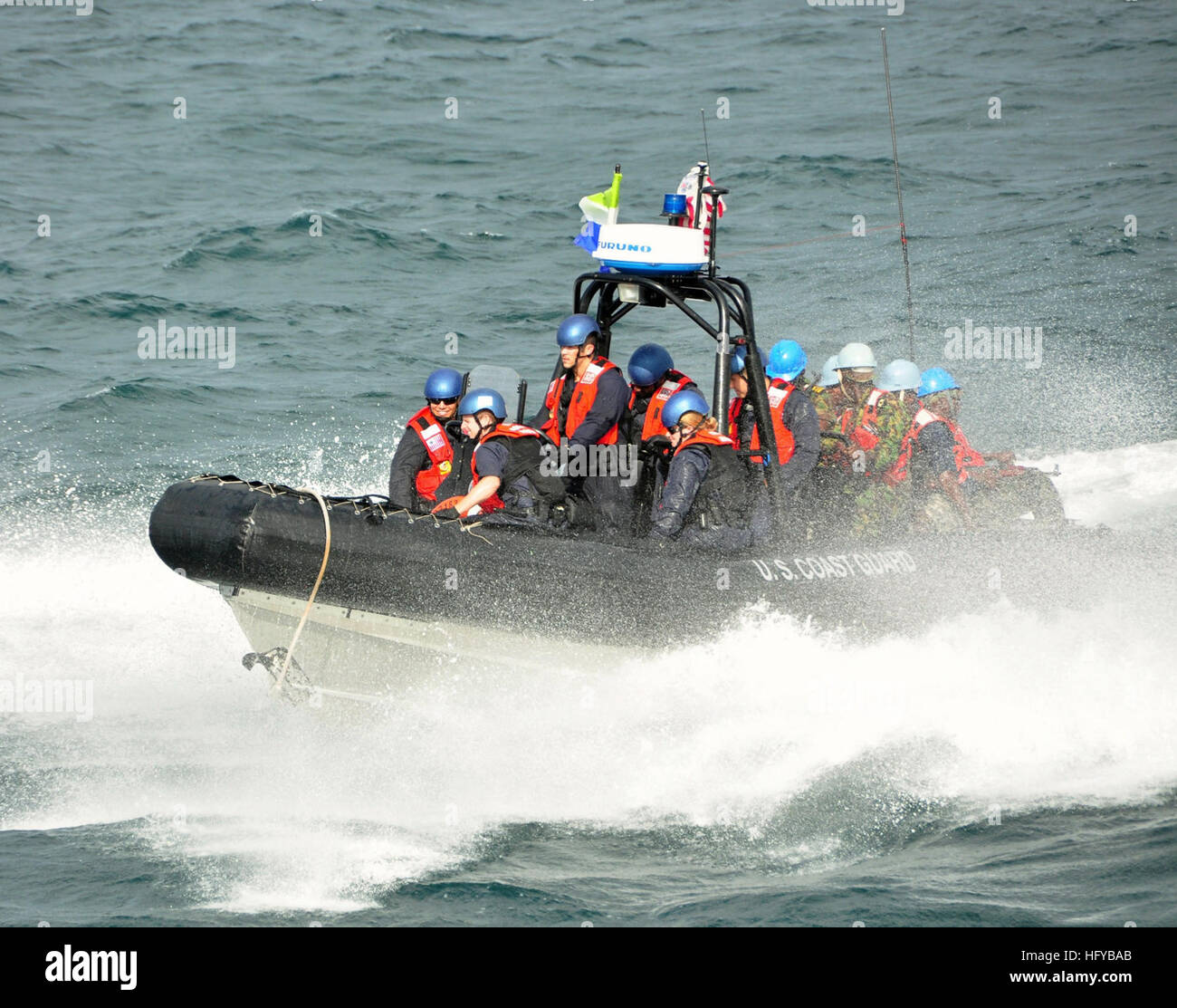 100730-N-3349L-026 GULF OF GUINEA (July 30, 2010) Members of a visit, board, search and seizure team assigned to the U.S. Coast Guard cutter Mohawk (WMEC 913), and a law enforcement detachment made up of members of the Sierra Leone Armed Forces, make their way toward Mohawk on an rigid-hull inflatable boat after conducting a search of two vessels suspected of conducting illegal activities. Mohawk recently participated in the African Maritime Law Enforcement Partnership. (U.S. Navy photo by Mass Communication Specialist 1st Class Daniel P. Lapierre/Released) US Navy 100730-N-3349L-026 U.S. Coas Stock Photo