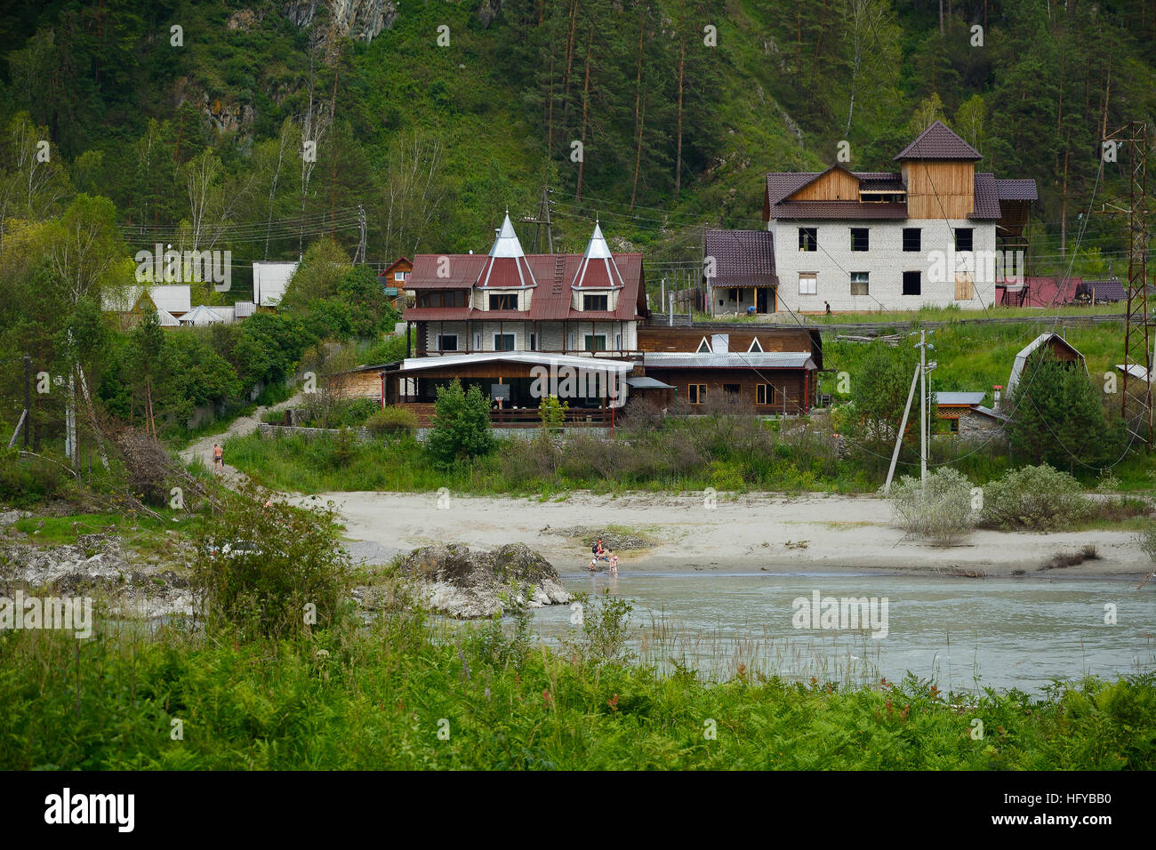 Tourist base on the banks of the Katun river, Altai Republic Stock Photo