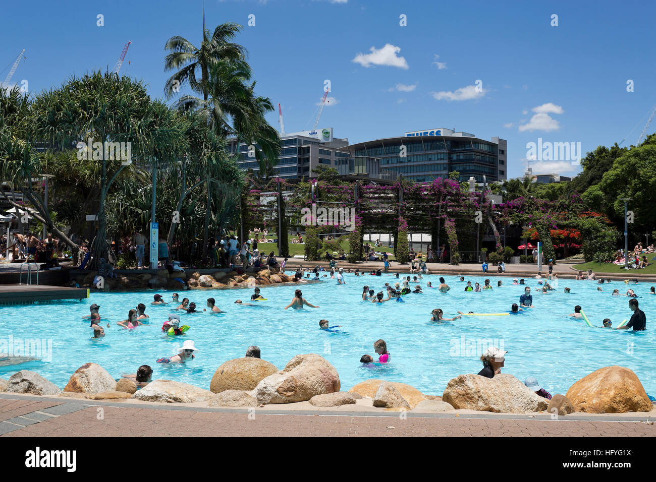 Hot day at the man made beach at the South Bank Parklands in Brisbane, Australia Stock Photo