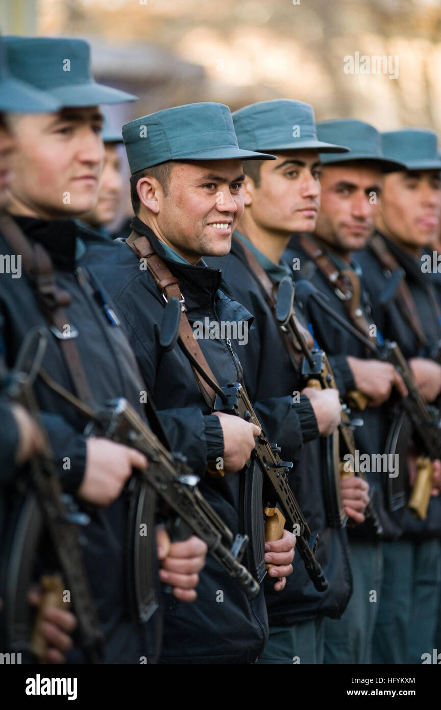 Students stand in formation to greet a  congressional delegation at the Afghan National Police Academy Feb. 20, in  Kabul, Afghanistan. The police displayed how to clear a building and search a suspect to a congressional delegation visiting the NATO Training Mission-Afghanistan supported training site. US Senators visit Afghan National Police Academy, witness demonstration DVIDS369240 Stock Photo