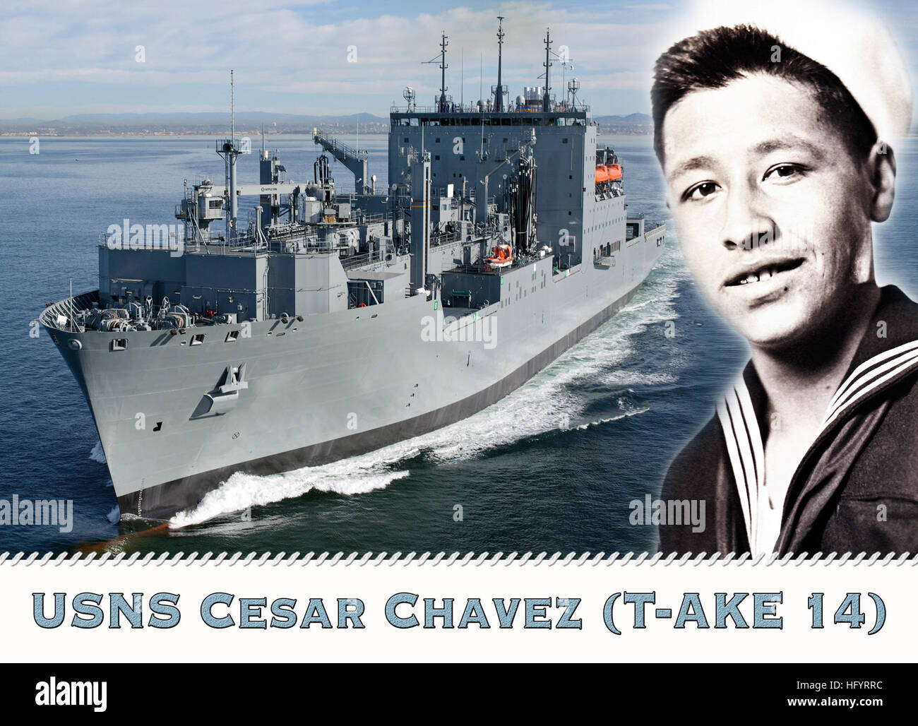 110512-N-DX698-001 WASHINGTON (May 12, 2011) A photo illustration of the Military Sealift Command dry cargo and ammunition ship USNS Cesar Chavez (T-AKE 14). Chavez served in the Navy from 1944-1946 and became a leader in the American labor movement and a civil rights activist. Cesar Chavez will serve as a combat logistics force ship delivering ammunition, food, fuel and other dry cargo to U.S. and allied ships at sea. (U.S. Navy photo illustration by Mass Communication Specialist Jay M. Chu/Released) US Navy 110512-N-DX698-001 A photo illustration of the Military Sealift Command dry cargo and Stock Photo
