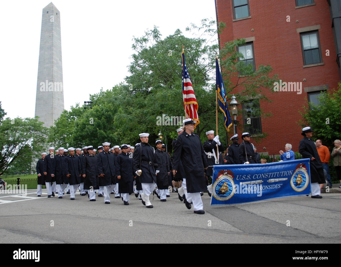 110612-N-JO624-146 CHARLESTOWN, Mass. (June 12, 2011) Sailors assigned to USS Constitution march past Bunker Hill Monument during the 2011 Bunker Hill Day parade. The parade honors the 236th anniversary of the Battle of Bunker Hill, June 17, 1775, which was one of the first major engagements of the Revolutionary War. (U.S. Navy photo by Mass Communication Specialist 1st Class Frank E. Neely/Released) US Navy 110612-N-JO624-146 Sailors march past Bunker Hill Monument during the 2011 Bunker Hill Day parade Stock Photo