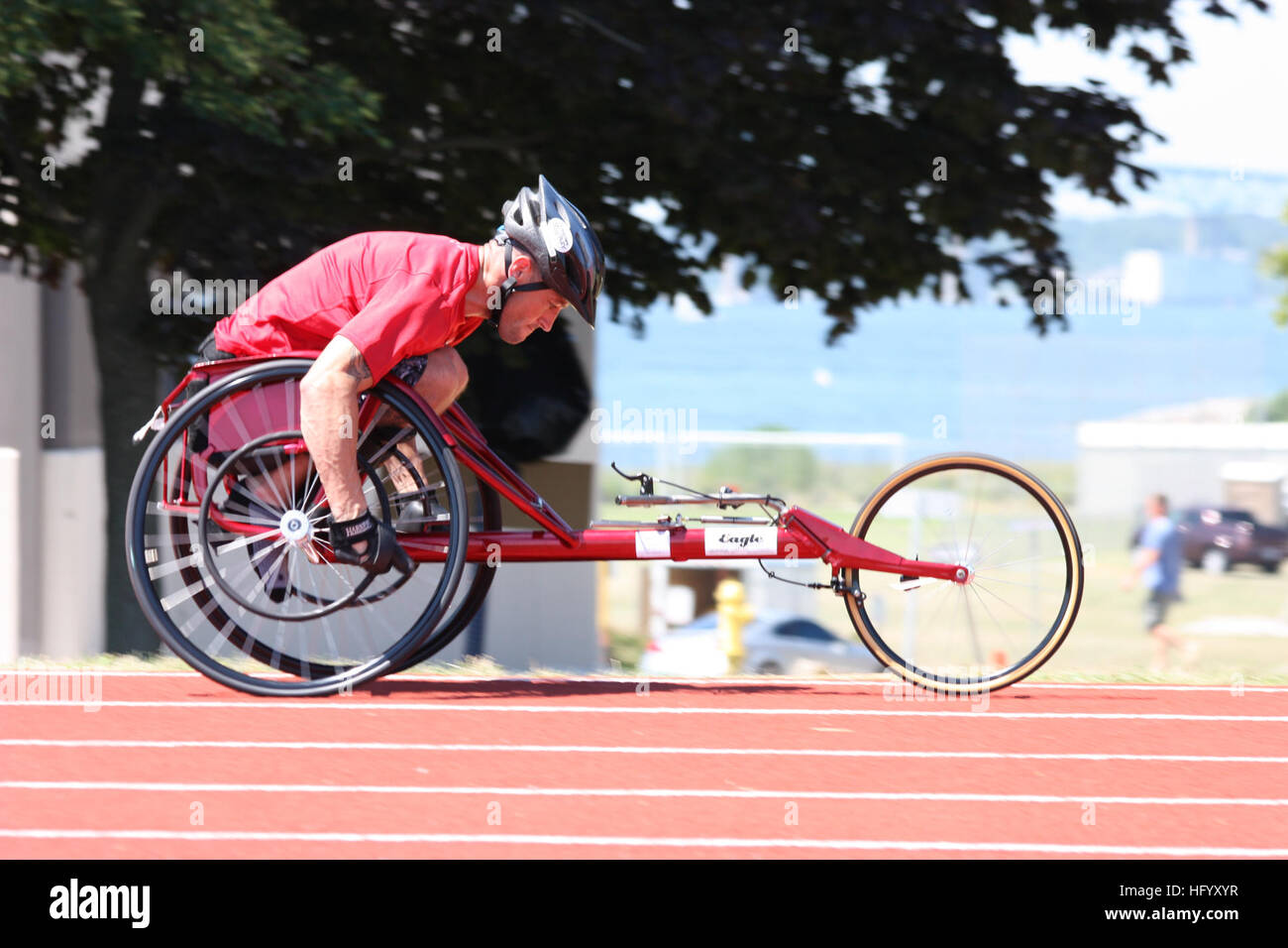 110716-N-CQ678-001 NEWPORT, R.I. (July 16, 2011) Former Marine Corps Sgt. Tim Connor, one of 59 Paralympic military athletes, practices sprints in a racing wheelchair on McCool Memorial Track during the 2011 U.S. Olympic Committee Paralympic Military Sports Camp at Naval Station Newport. (U.S. Navy photo by Lisa Rama/Released) US Navy 110716-N-CQ678-001 Former Marine Corps Sgt. Tim Connor, one of 59 Paralympic military athletes, practices sprints in a racing wheelchair Stock Photo