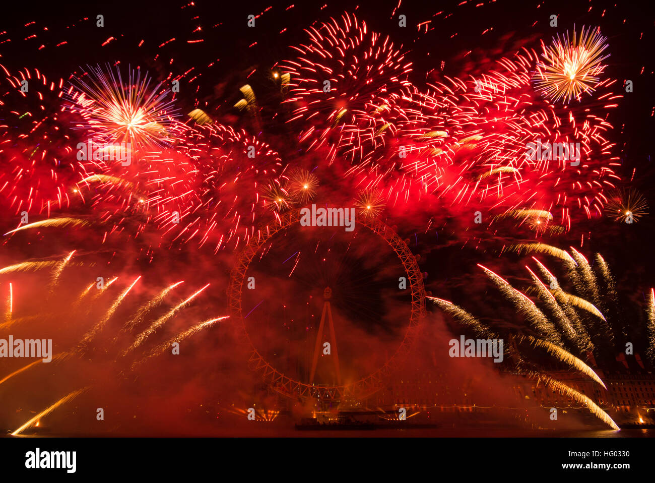 A spectacular fireworks display welcomes in the new year, 2017, in London on the River Thames. Stock Photo
