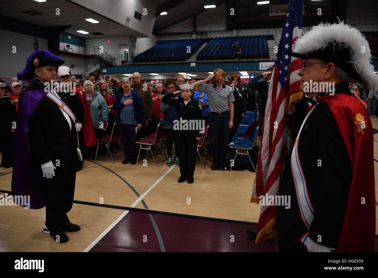 161111-N-EC099-133 SILVERDALE, Wash. (Nov. 11, 2016) Members of the Knights of Columbus, Naval Sea Cadet Corps and Navy Jr. Reserve Officer Training Corps color guards parade the colors during the 2016 Veterans Day ceremony held in the Kitsap Sun Pavilion. The ceremony paid respect to service members both past and present and remembered those service members lost during the history of the United States. (U.S. Navy photo by Petty Officer 3rd Class Charles D. Gaddis IV/Released) Veterans Day Ceremony Held At Kitsap Sun Pavalion 161111-N-EC099-133 Stock Photo