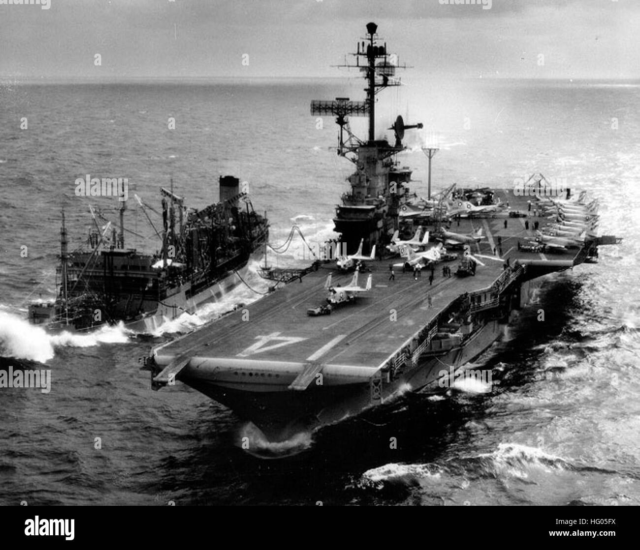 USS Ticonderoga (CVA14) refueling from USS Ashtabula (AO51) off