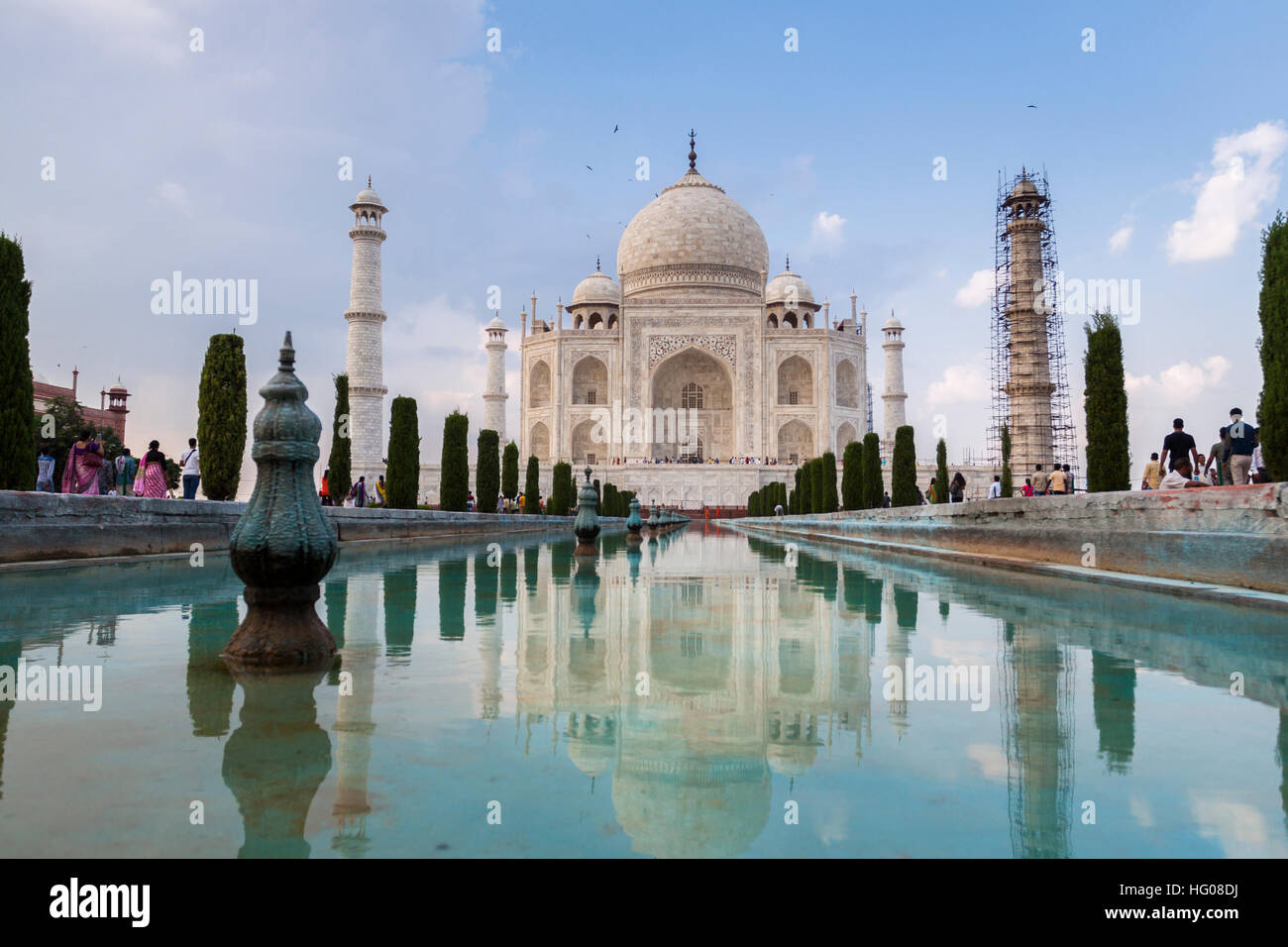 The reflex of Taj Mahal in the water in a hot summer afternoon. Agra, Uttar Pradesh. India Stock Photo