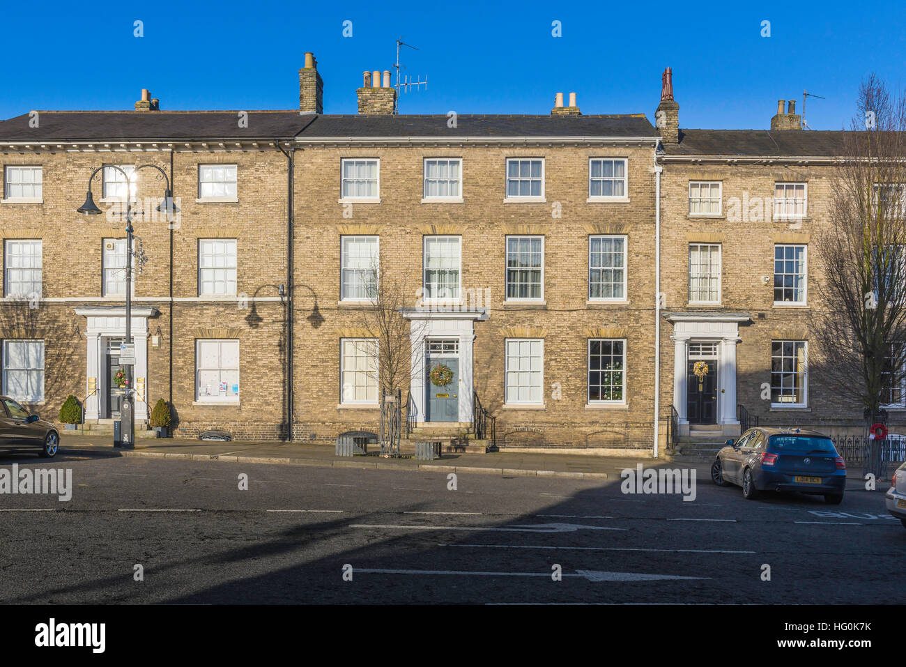 Bury St Edmunds Angel Hill, view of a row of houses on Angel